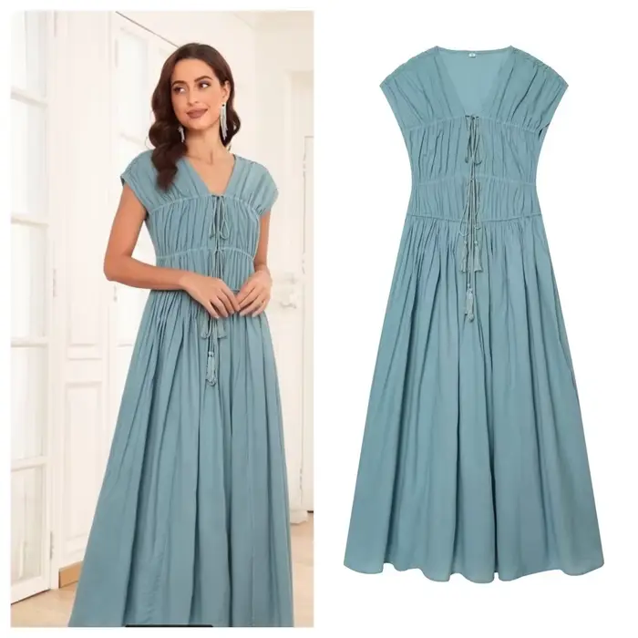 Robe Femme Été 2026 Style Européen Col V Profond Sans Manches Plissée Élégante Chic avec Cordon de Serrage Tendance Urbaine