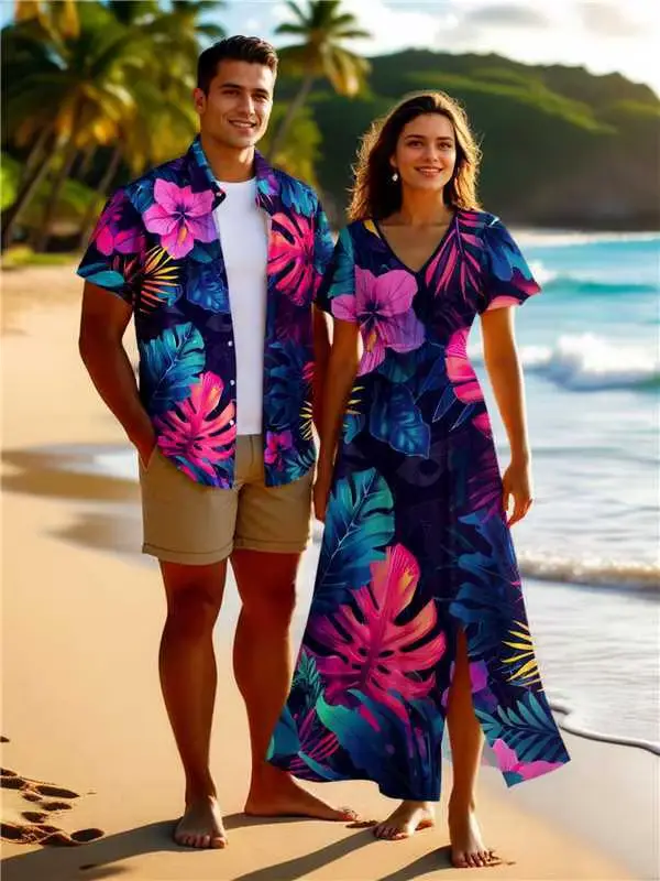 Robe midi pour femme, chemise à boutons avec imprimé de feuilles tropicales et de fleurs d'hibiscus pour homme