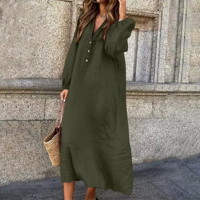 Mn-Robe à boutons en coton et lin pour femme