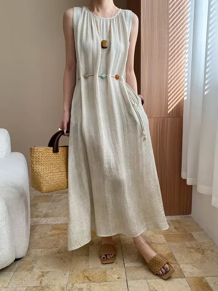 Robe ample décontractée sans manches en soie avec broderies et appliques pour femmes, printemps et été