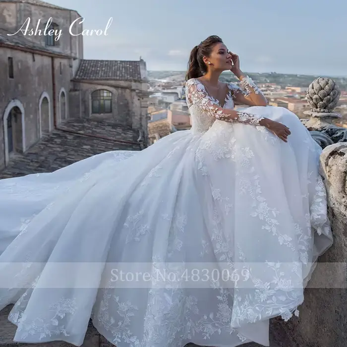 Ashley Carol robes De mariée élégantes pour les femmes Appliques De perles à lacets Sexy col en v princesse robe