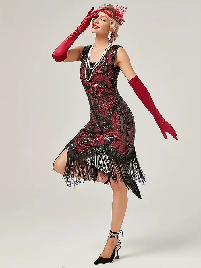 Robe de soirée Charleston style Gatsby pour femmes robe cocktail sequins franges vintage col carré sans manches mi-mollets occasions spéciales