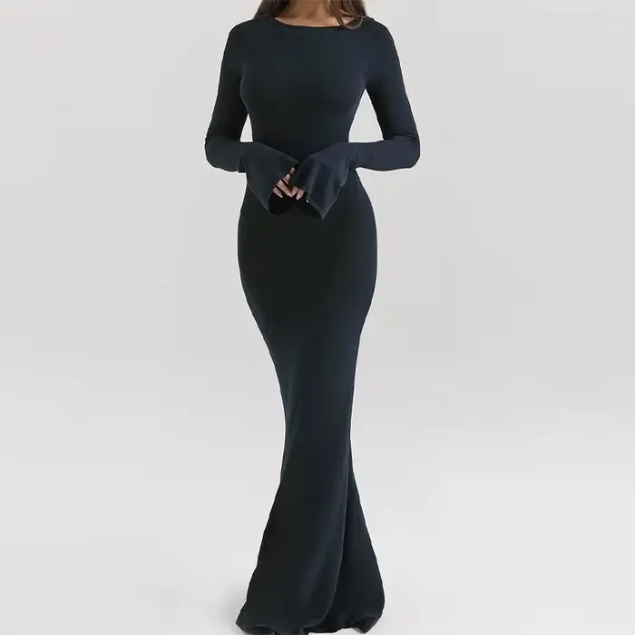 Robe longue en maille bleu nuit dos nu pour femme, élégante, à manches évasées, moulante, coupe sirè