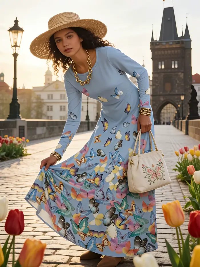 Robe à manches longues pour femme, style décontracté pour les vacances, robe midi fluide avec ceintu