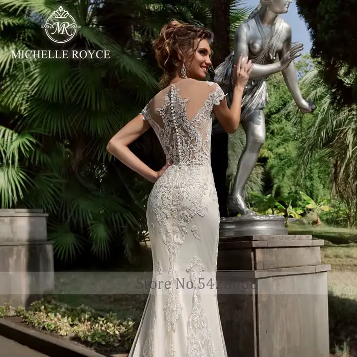 Robe de mariée Michelle Royce moderne avec train détachable, décolleté cuillère, broderie et dentelle, pour femmes enceintes et occasions spéciales