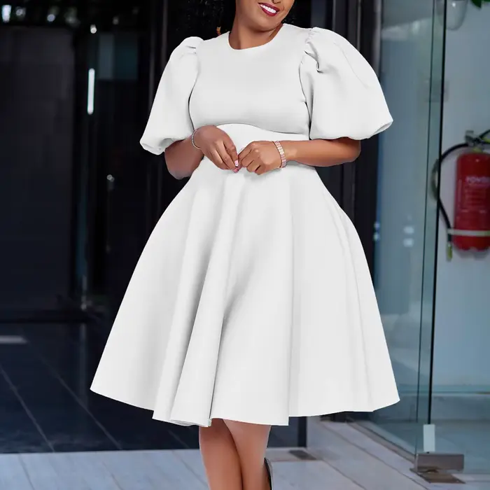 Robes élégantes pour femmes, col rond, manches courtes, taille haute plissée, mi-mollet, luxe fémini