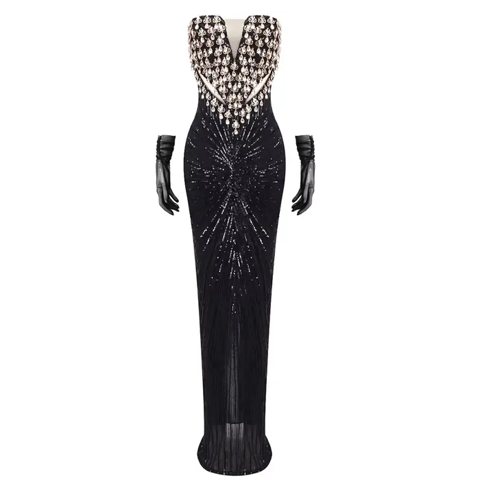 Robe de soirée noire sans bretelles à paillettes – Corset perlé, robe de dîner de gala de célébratio