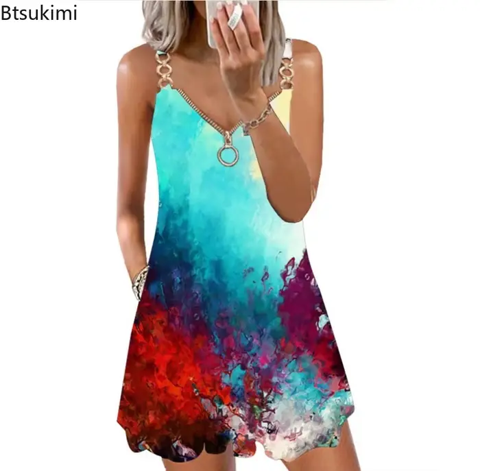 Robe décontractée de plage Btsukimi sans manches imprimée col en V pour femmes occasions spéciales printemps été automne