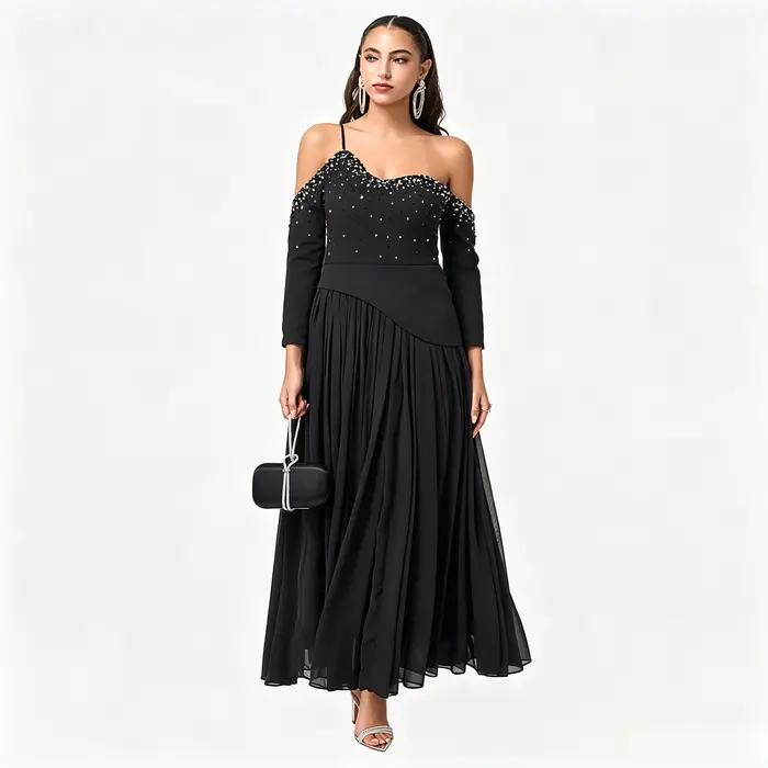 Robe de cocktail avec décolleté asymétrique épaules dénudées