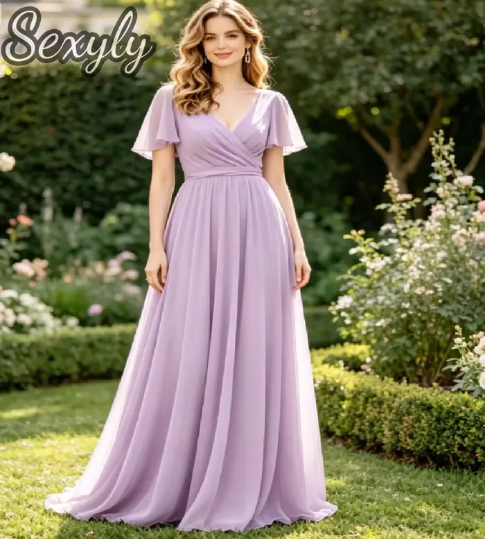 Robe de demoiselle d'honneur en chiffon vert sauge col en V manches courtes volantes coupe évasée longueur ras du sol soirée invité mariage