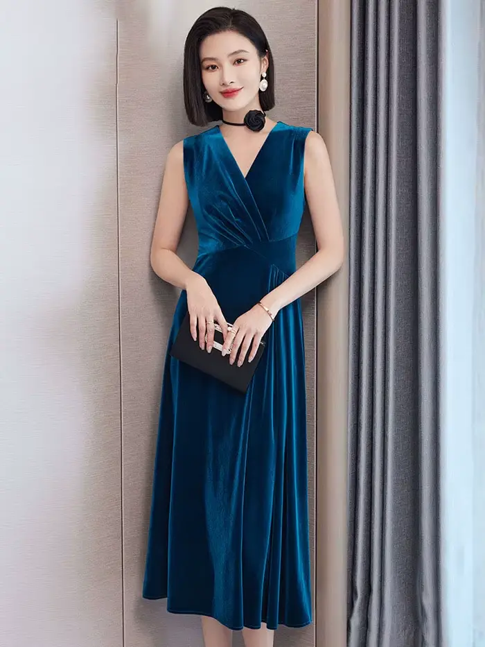 Robe en velours doré à la mode col en V sans manches pour femmes printemps automne soirée mariage occasionnels