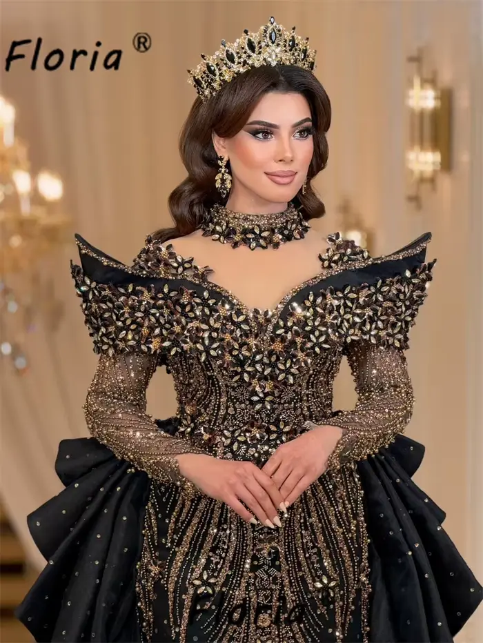 Robe de Soirée Noire et Dorée avec Jupon et Couronne en Strass Sirène pour Mariage et Soirées Spéciales