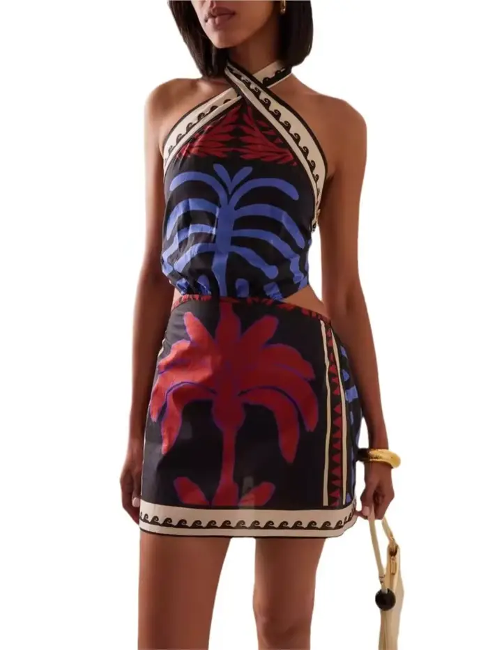 Nouvelle Robe Courte Bohème Imprimée à Col Halter pour Femme