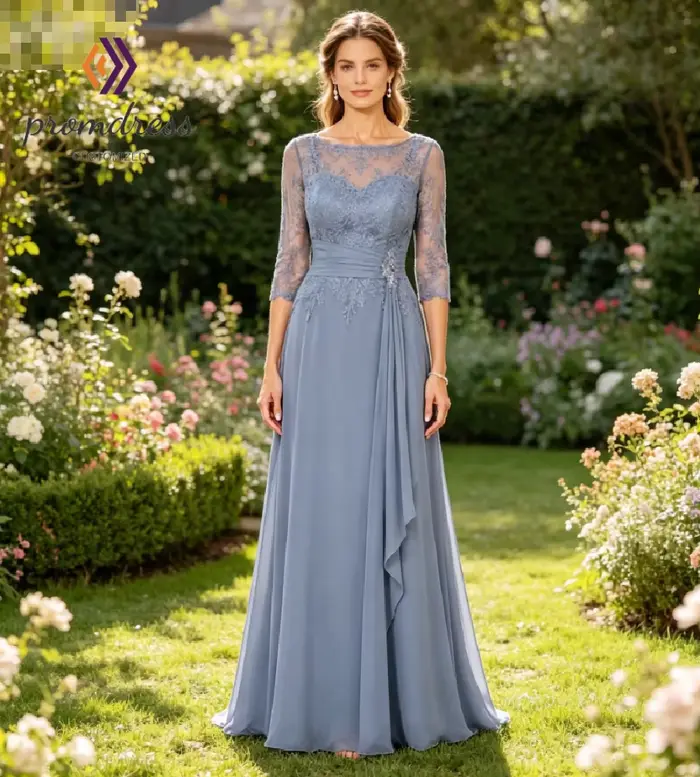 Robes élégantes bleu poudré pour la mère de la mariée 2026 en mousseline de soie à manches 3/4 avec