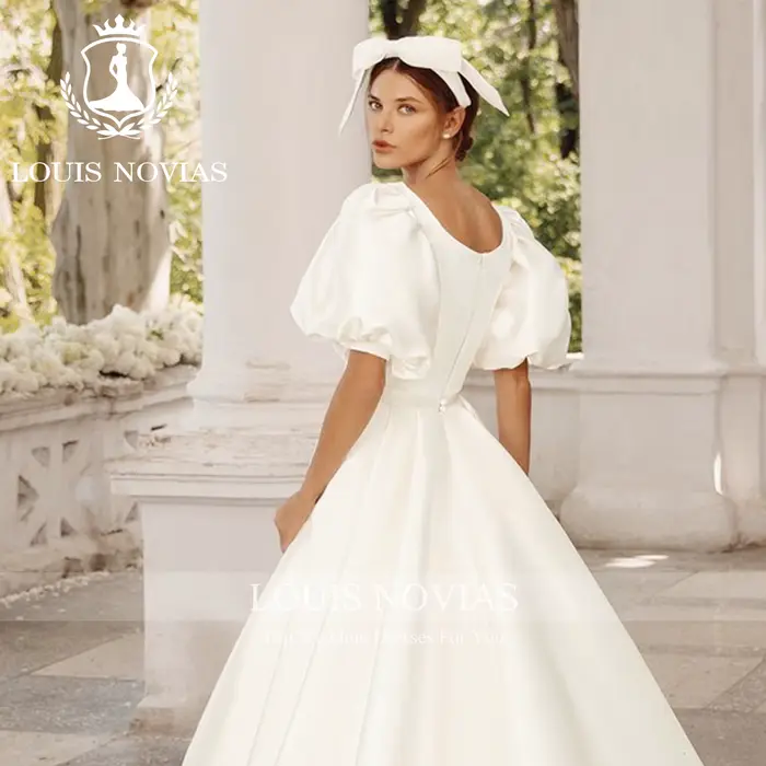 LOUIS NOVIAS sirène Satin robes De mariée Simple romantique SCOOP manches bouffantes détachable Train robe