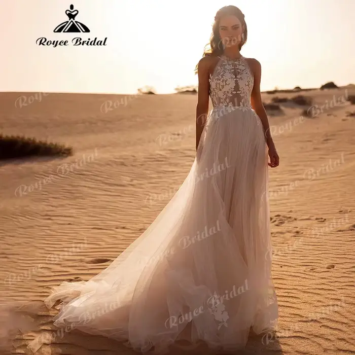 Robe de mariée bohème à col halter avec dentelle florale 3D pour mariage engagement ou fête formelle