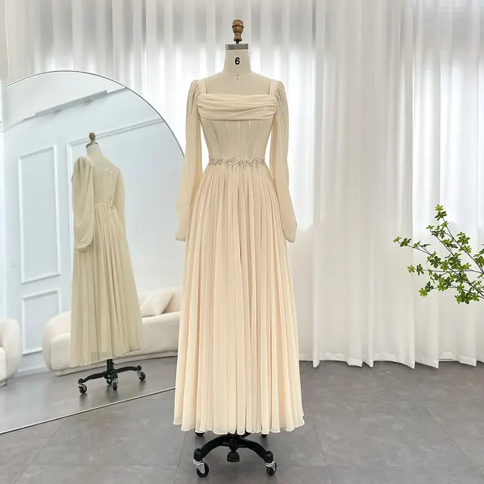 Sharon Said dubaï Beige robe de soirée courte avec ceinture manches longues thé longueur femmes robes