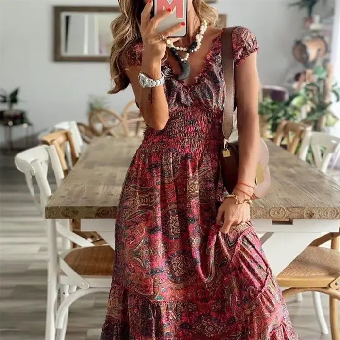 Robe longue style bohème élégante pour femmes imprimé floral occassions spéciales soirée mariage vacances