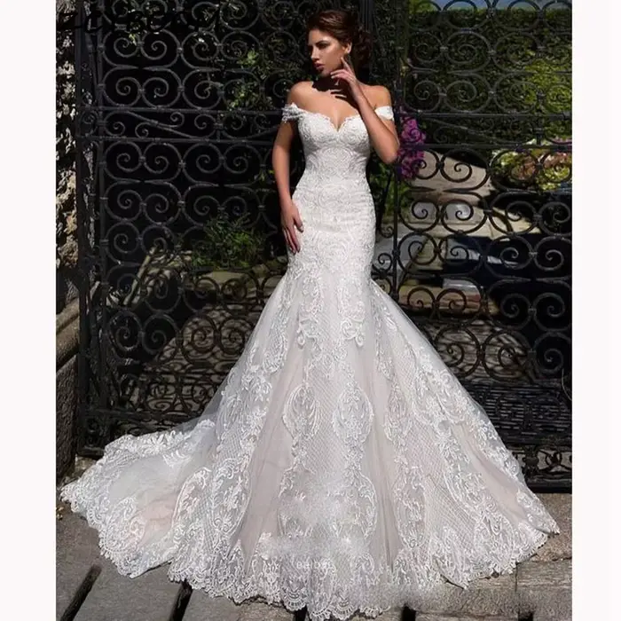 Robe de mariée sirène blanche/ivoire 2026, élégante, en dentelle, épaules dénudées, dos nu, pour mar