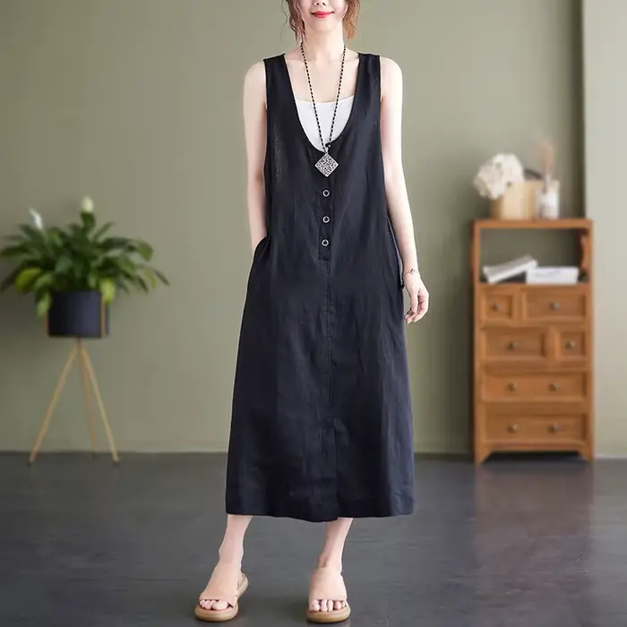 Nouvelle Robe Débardeur Femme Été Style Mori Girl Vintage Couleur Unie Coton Lin Col V Sans Manches Décontractée Ample Longueur Midi
