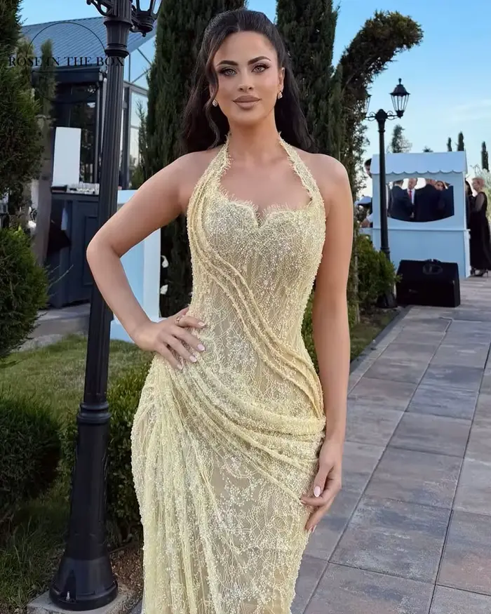 Robes de soirée jaunes sirène en dentelle