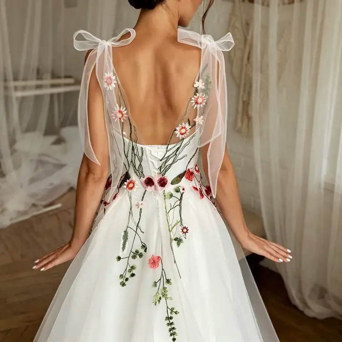 Robe de mariée bohème broderie fleurs sauvages colorées