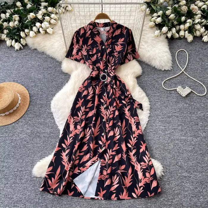 Robe longue à imprimé floral de style vintage pour femmes, col en V, manches courtes, décontractée, chic, pour les sorties en ville, pour les vacances en France