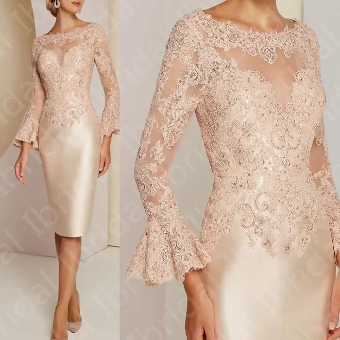 Robe de mère de la mariée en polyester avec manches longues et décoration en dentelle pour les fêtes de mariage occasions spéciales
