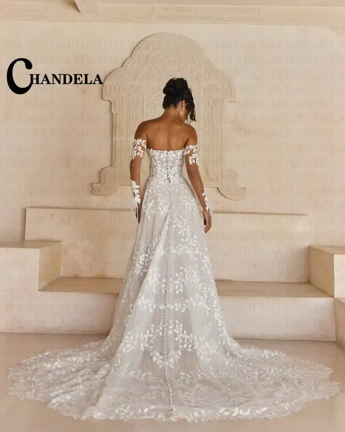 CHANDELA Vintage Tulle robes De mariée pour les femmes dentelle Appliques col bateau balayage Train bouton Robe