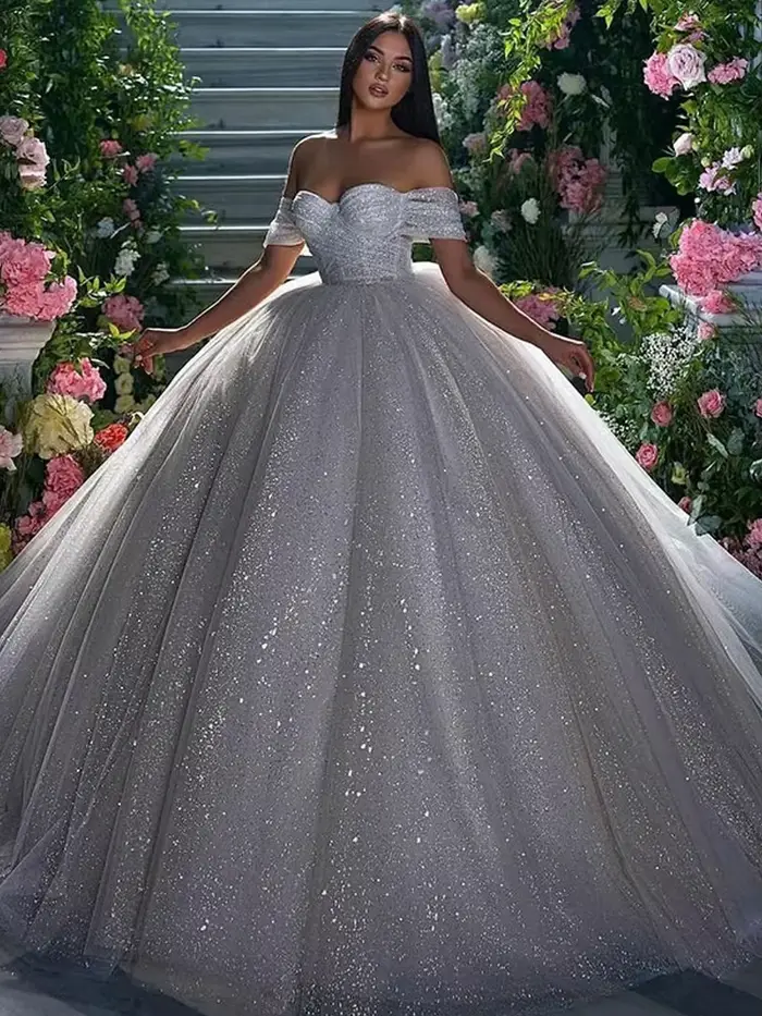 Smileven – Robe De mariée princesse à épaules dénudées, Robe De bal en Tulle pailleté