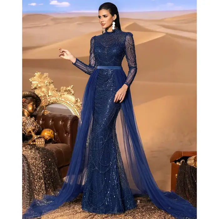 Robe de soirée élégante style sirène manches longues traîne détachable sequins pour mariage bal de promo personnalisable polyester tulle dentelle paillettes occassions spéciales