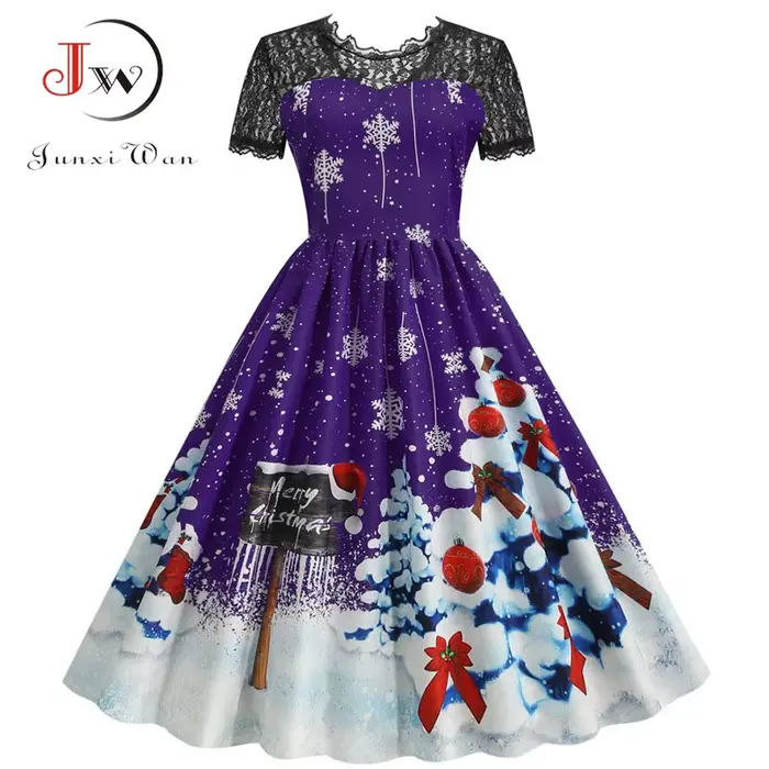 Robe de Noël pour femme élégante vintage taille haute décontractée imprimée en dentelle pour soirée festive et cérémonie d'hiver