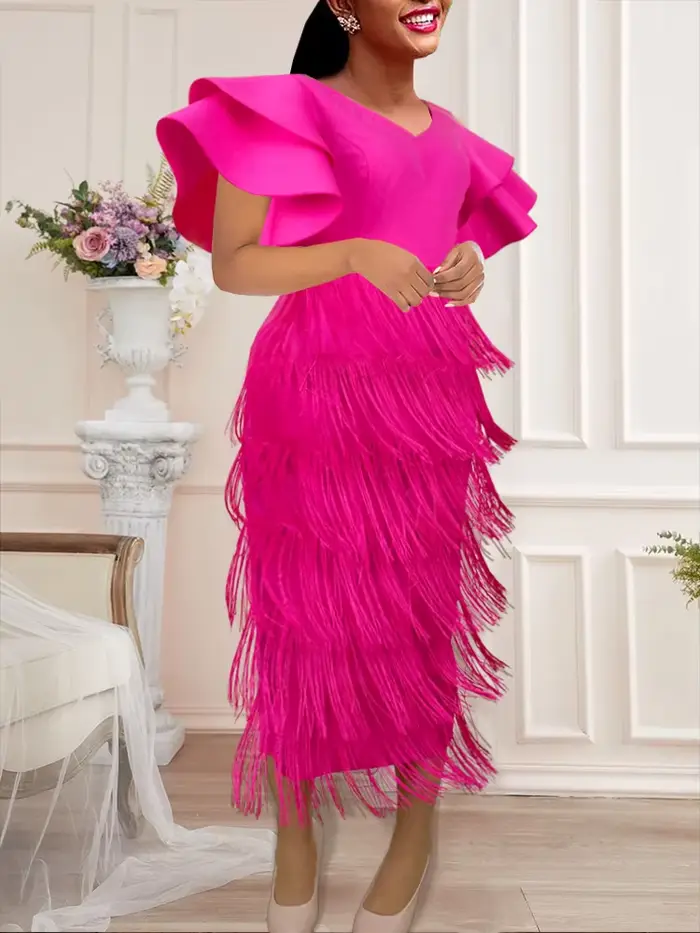 Robe de soirée mi-longue à franges pour femmes, pompons, tambour, fête, Rh, manches longues, tenues 