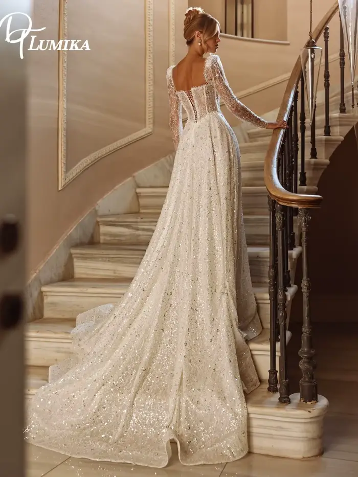 Robe de mariée de luxe 2026 personnalisée, coupe trapèze, avec sequins et paillettes, corset structu