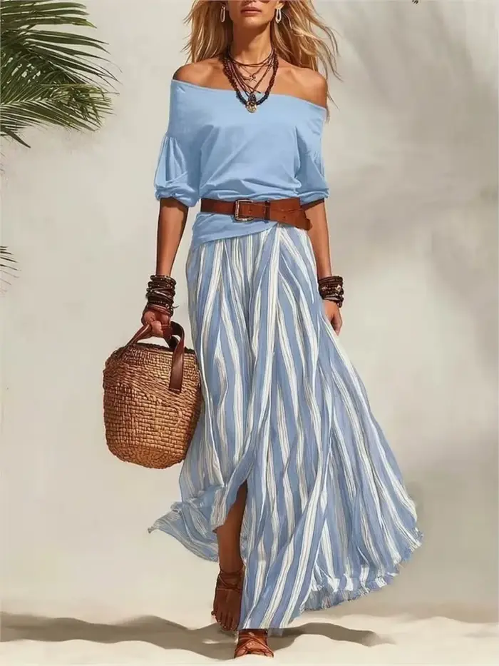 Ensemble deux pièces élégant pour femme haut sexy à épaules dénudées et jupe longue rayée fendue pour les vacances et soirées chic