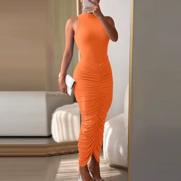 Robe longue élégante sans manches à col rond