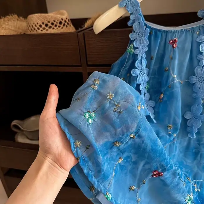 Robe-veste brodée de fleurs 3D, style vacances d'été au bord de la mer, bleu, pour filles, version coréenne, douce et mignonne