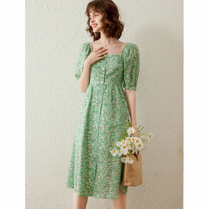 Robe en coton et polyester mi-longue avec motifs floraux style rétro chic pour femmes occasions spéciales