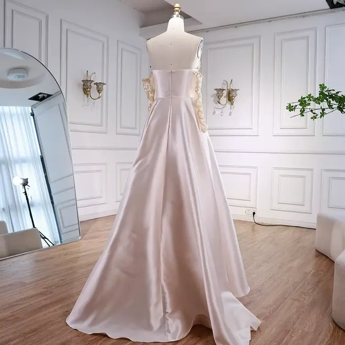 Robe de soirée trapèze en satin beige de luxe avec corsage à paillettes et manches détachables pour femmes toutes occasions spéciales