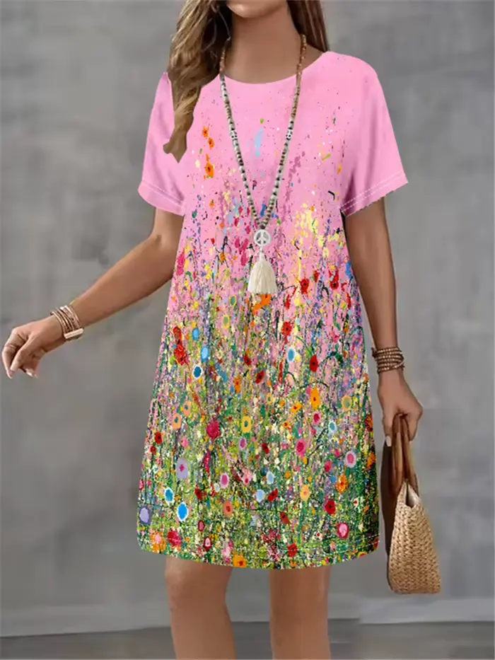 Robe fleur imprimé polyester décontractée à manches courtes pour femmes été élégante ocassions spéciales