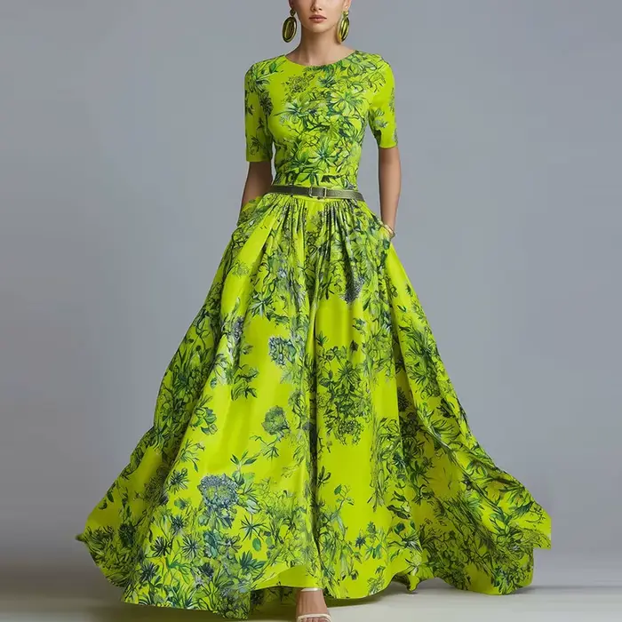 Robe longue décontractée de printemps pour femme, style bohème, col rond, taille haute, coupe trapèz