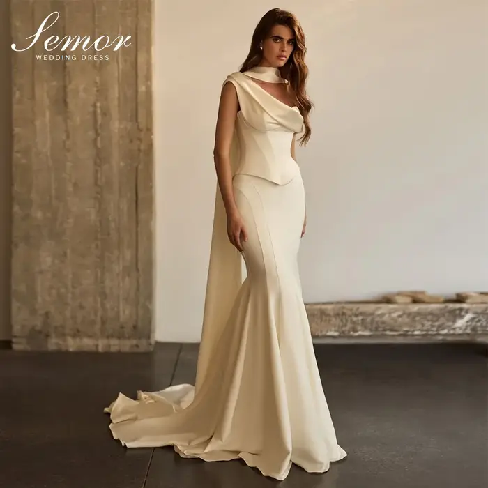 Robe de mariée sirène Semor 2026 avec décolleté hors épaule, plissé, sur mesure, couleur noire ou verte, occassions spéciales, fête de mariage