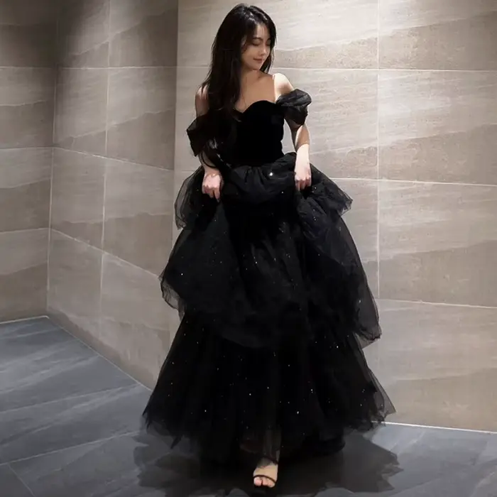 Robe de soirée noire Sexy, col bateau, robe de bal d'anniversaire, Simple, en maille plissée, robe d
