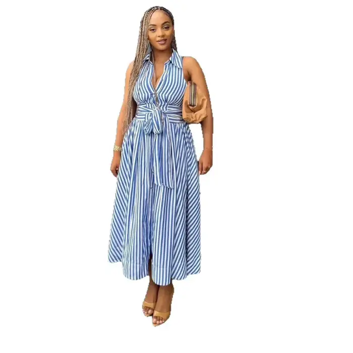 Robe longue femme coupe trapèze Y2K streetwear sans manches col rabattu élégante pour soirées et travail polyester composition fibre synthétique多种语言的代码,指示创建一个HTML页面来描述一件女士长裙的产品信息,并且要求使用中文撰写。请将回应转换为中文,并确保HTML结构符合要求。