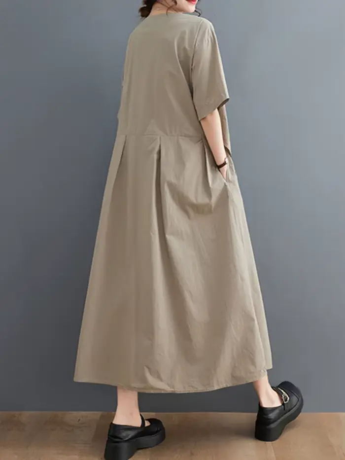 Robe kaki vintage patchwork décontractée à manches courtes pour femmes occasions estivales style coréen