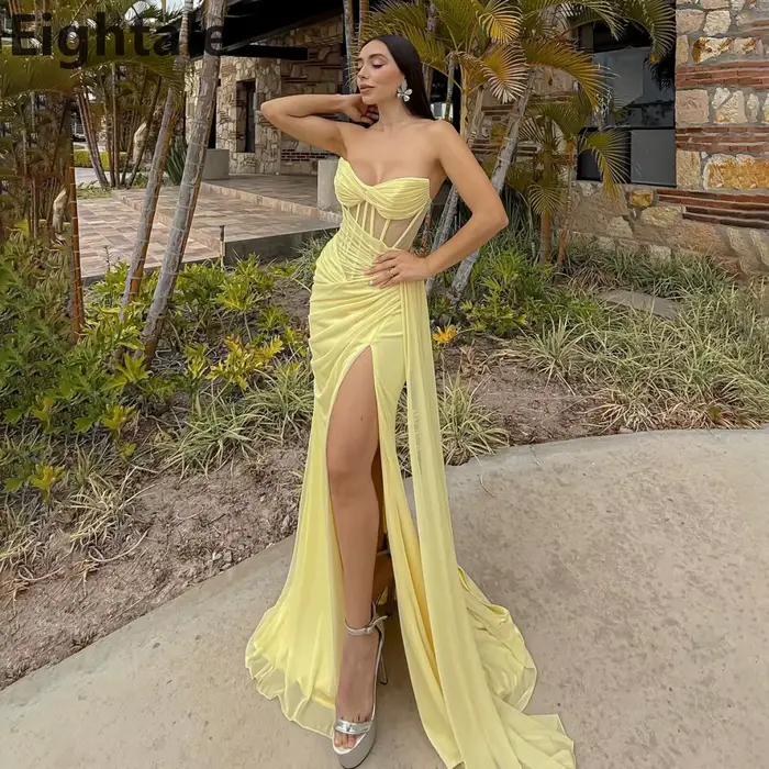 Robe de soirée sirène en mousseline de soie jaune