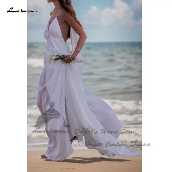 Robe de mariée en mousseline de soie blanche ou ivoire, style simple, décolleté en V, train de balayage, sangles de spaghetti, sans dossier, pour cérémonie de mariage ou plage