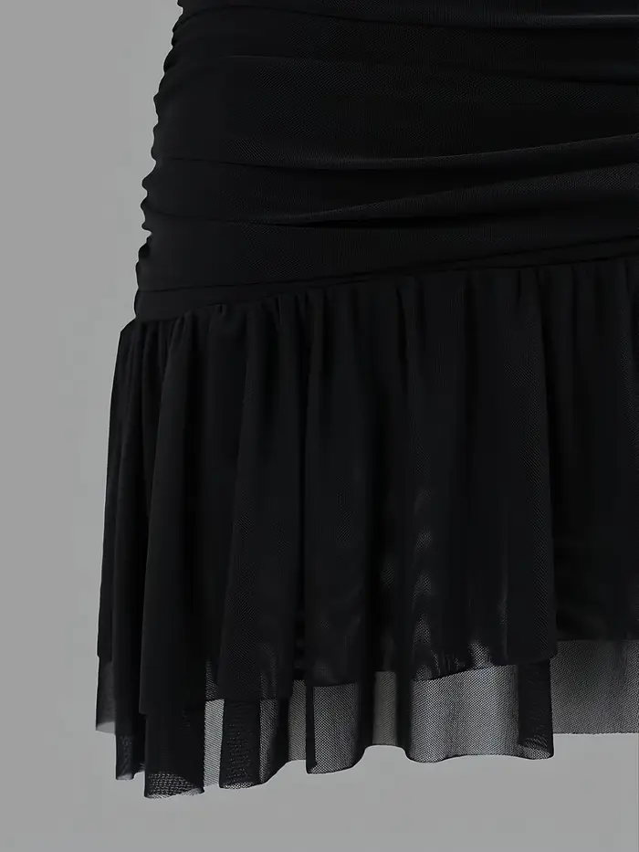 Robe mi-longue noire élégante à fleurs semi-transparente pour femme