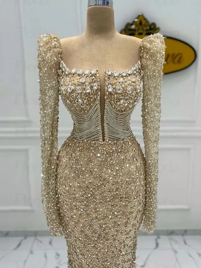 Robe de soirée sirène arabe personnalisée, Champagne, pour mariage, luxe, perles, robes de bal forme