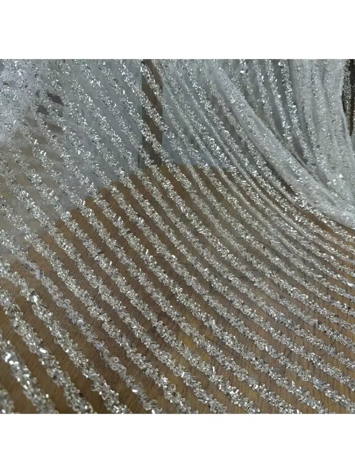 Tissu en tulle transparent à rayures, orné de perles, de cristaux et de paillettes, pour robe de mar